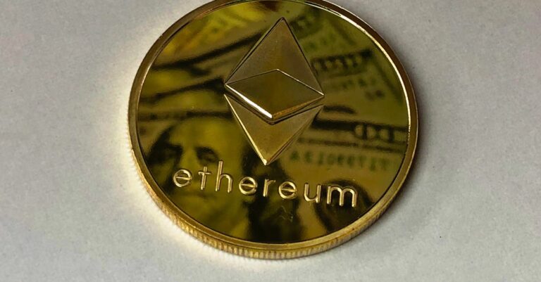 Close-up of a shining Ethereum coin reflecting a dollar bill, symbolizing digital currency and wealth.